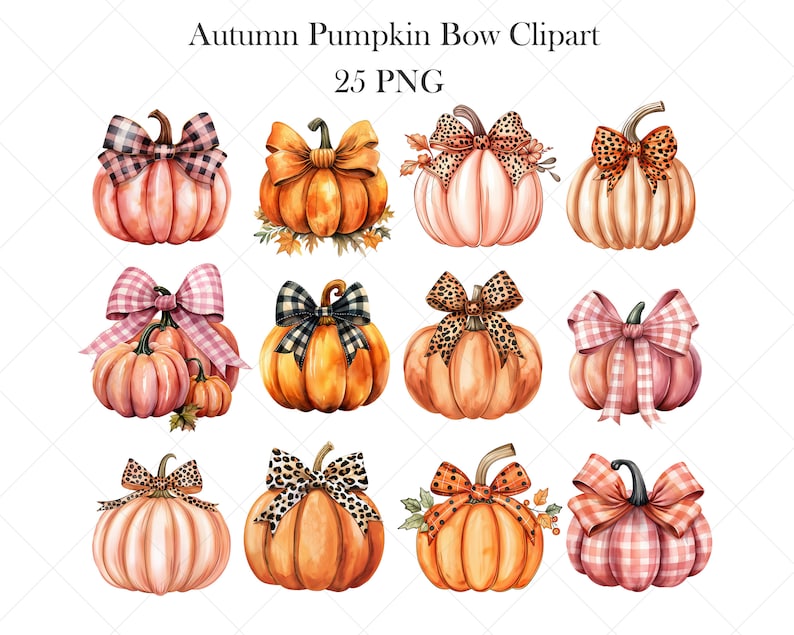 May include: A set of 25 digital clipart images featuring watercolor pumpkins with various bows. The pumpkins are in shades of orange, pink, and brown, and the bows are in pink, black, and brown gingham patterns, leopard print, and polka dots.