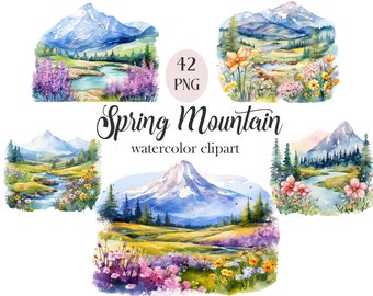 Mountain Clipart, Watercolor Mountain Landscape Clipart, Mountain PNG, Sublimation, Nature, Spring, Scrapbook, Digital Download