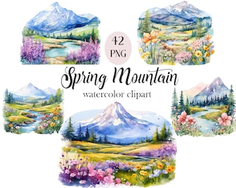 Clipart di montagna, Clipart di paesaggio montano ad acquerello, PNG di montagna, Sublimazione, Natura, Primavera, Album di ritagli, Download digitale
