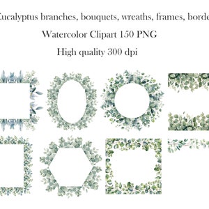 Eucalyptus PNG, Watercolor Eucalyptus Clipart Bundle, Greenery Clipart, Green Leaves, Eucalyptus Border Wreath, Wedding Clipart, Foliage image 2