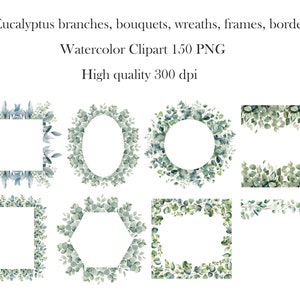 Eucalyptus PNG, Watercolor Eucalyptus Clipart Bundle, Greenery Clipart, Green Leaves, Eucalyptus Border Wreath, Wedding Clipart, Foliage zdjęcie 2