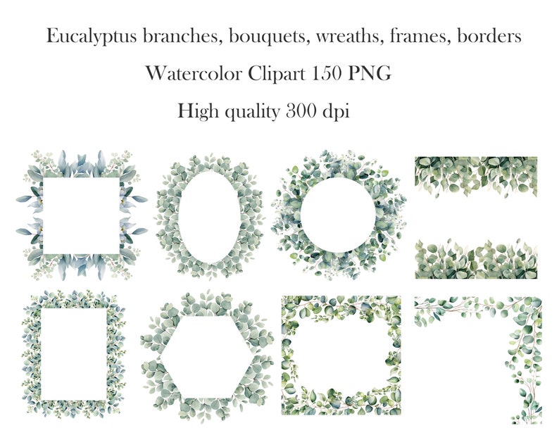 Eucalyptus PNG, Watercolor Eucalyptus Clipart Bundle, Greenery Clipart, Green Leaves, Eucalyptus Border Wreath, Wedding Clipart, Foliage zdjęcie 2