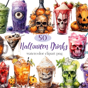 May include: 50 Halloween Drinks watercolor clipart png. A collection of spooky and festive drinks with skull and monster designs. Includes a variety of colours and styles, such as green, purple, red, and orange.