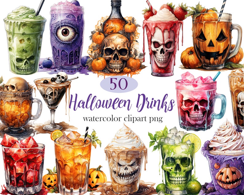 May include: 50 Halloween Drinks watercolor clipart png. A collection of spooky and festive drinks with skull and monster designs. Includes a variety of colours and styles, such as green, purple, red, and orange.