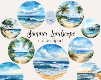 Summer Landscape Circle Clipart, Beach PNG, Watercolor Scenery, Digital Download