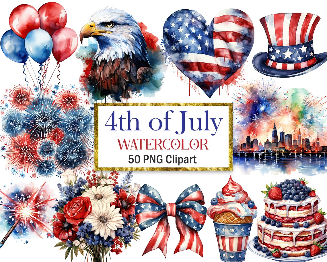 4th of July Clipart Bundle, Watercolor Patriotic Clipart PNG ...
