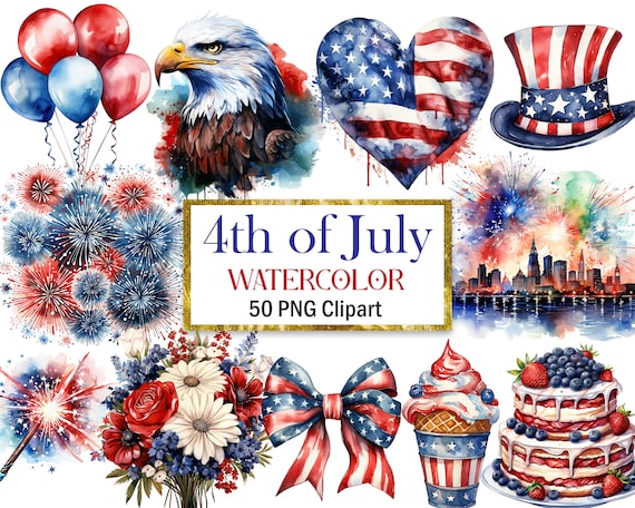 4th of July Clipart Bundle, Watercolor Patriotic Clipart PNG, Independence Day, Sublimation, Digital Download