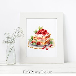May include: Watercolor painting of a layered cake with white frosting and red berries on a white plate with gold trim.
