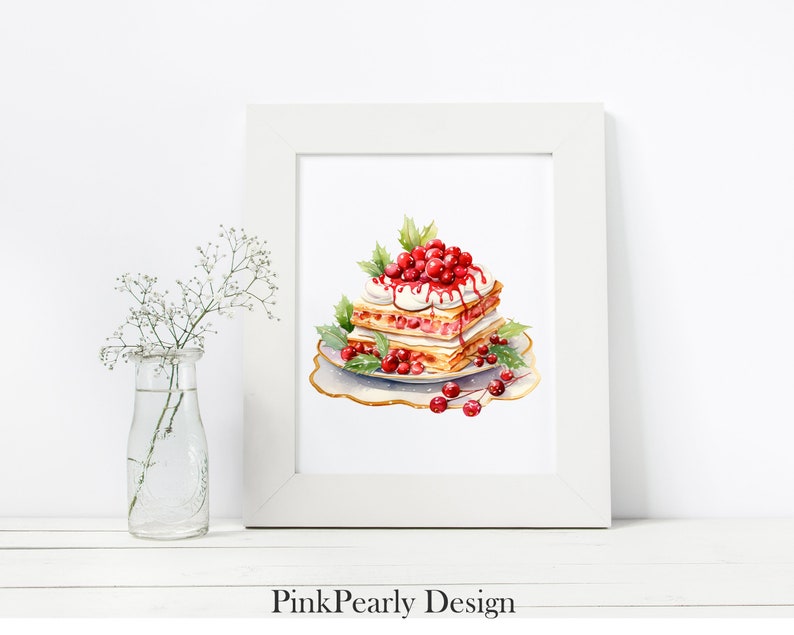 May include: Watercolor painting of a layered cake with white frosting and red berries on a white plate with gold trim.