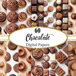 Può includere: Una collezione di cioccolatini assortiti, tra cui tartufi, biscotti e caramelle, disposti a griglia. L'immagine presenta una varietà di forme, dimensioni e consistenze, con un focus sui ricchi toni del marrone. Il testo "60 Chocolate Digital Papers" è presente.