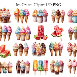 May include: A set of 150 watercolor illustrations of ice cream cones, popsicles, and sundaes. The illustrations feature a variety of flavors and toppings, including chocolate, strawberry, vanilla, and sprinkles.