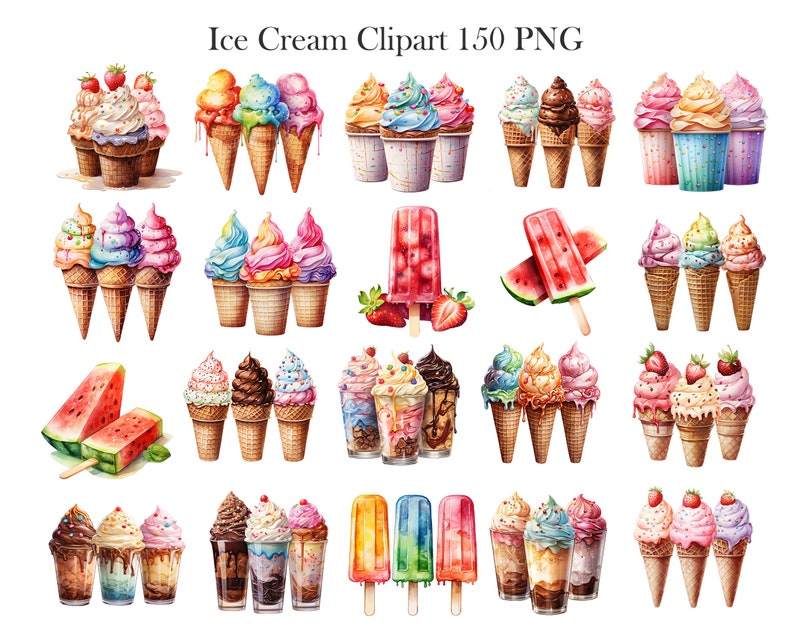 May include: A set of 150 watercolor illustrations of ice cream cones, popsicles, and sundaes. The illustrations feature a variety of flavors and toppings, including chocolate, strawberry, vanilla, and sprinkles.