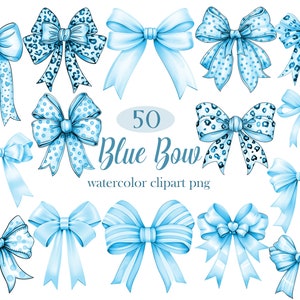 May include: 50 blue watercolor bow clipart png images. The bows are in various styles, including polka dot, leopard print, and striped. The bows are all in shades of blue.