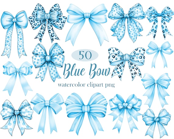 Blue Bow PNG, Watercolor Blue Ribbon Clipart, Blue Bow Clipart, Ribbon PNG, Digital Download