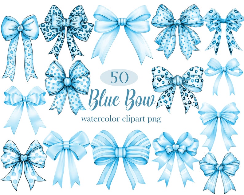 May include: 50 blue watercolor bow clipart png images. The bows are in various styles, including polka dot, leopard print, and striped. The bows are all in shades of blue.
