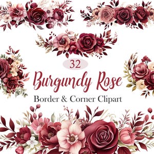 Burgundy Rose PNG, Watercolor Burgundy Rose Border Clipart, Rose Corner, Flower Border, Digital Download