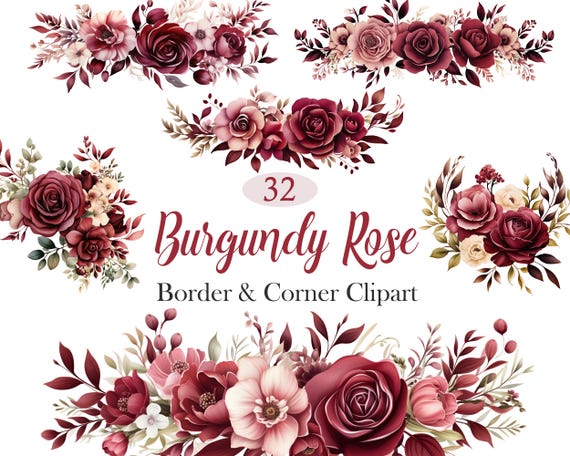Burgundy Rose PNG, Watercolor Burgundy Rose Border Clipart, Rose Corner, Flower Border, Digital Download