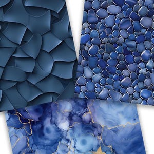 May include: Three different blue patterned digital paper designs. The first design features a geometric pattern of overlapping blue shapes. The second design features a pattern of blue pebbles. The third design features a blue and gold marble pattern.