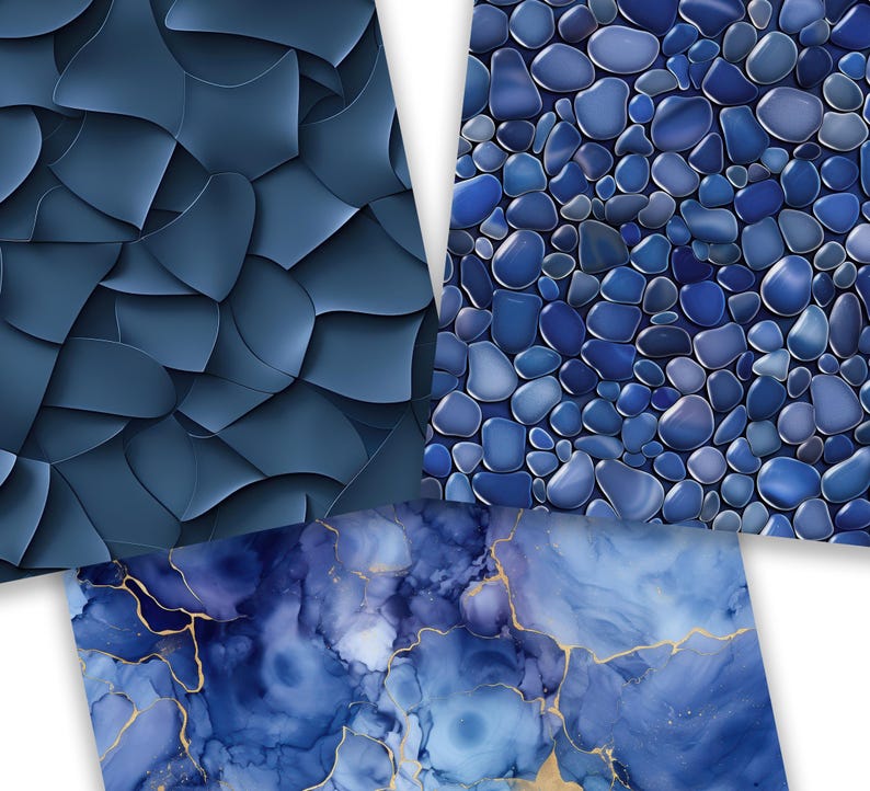 May include: Three different blue patterned digital paper designs. The first design features a geometric pattern of overlapping blue shapes. The second design features a pattern of blue pebbles. The third design features a blue and gold marble pattern.