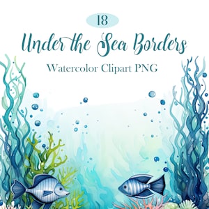 Under the Sea Border Clipart, Watercolor Sea Frame PNG, Coral Reef, Digital Download