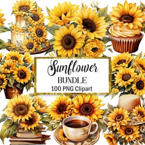 Paquete PNG de girasoles, imágenes prediseñadas de girasoles en acuarela, sublimación de girasoles, ramo, corona, flores de primavera, descarga digital