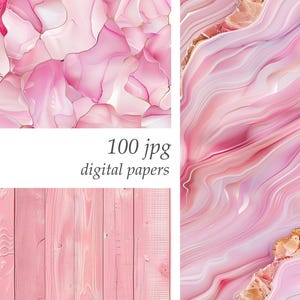 May include: A digital paper pack with 100 JPG files featuring pink and white agate and wood textures.