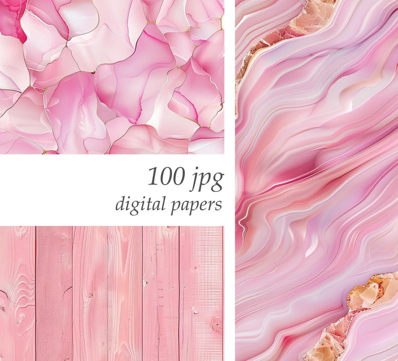 May include: A digital paper pack with 100 JPG files featuring pink and white agate and wood textures.