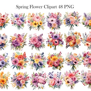 May include: A set of 48 watercolor spring flower clipart images. The images feature bouquets of various flowers in shades of pink, purple, yellow, and orange.