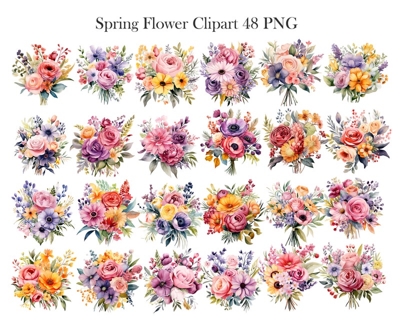 May include: A set of 48 watercolor spring flower clipart images. The images feature bouquets of various flowers in shades of pink, purple, yellow, and orange.
