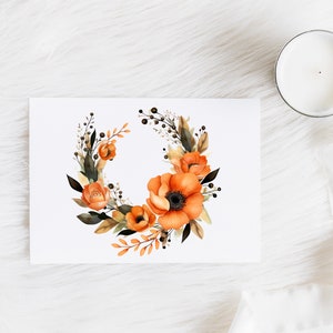 May include: A watercolor illustration of an orange and brown floral wreath. The wreath is made up of flowers, leaves, and berries. The flowers are a mix of orange and yellow, and the leaves are a mix of brown and green. The berries are black.