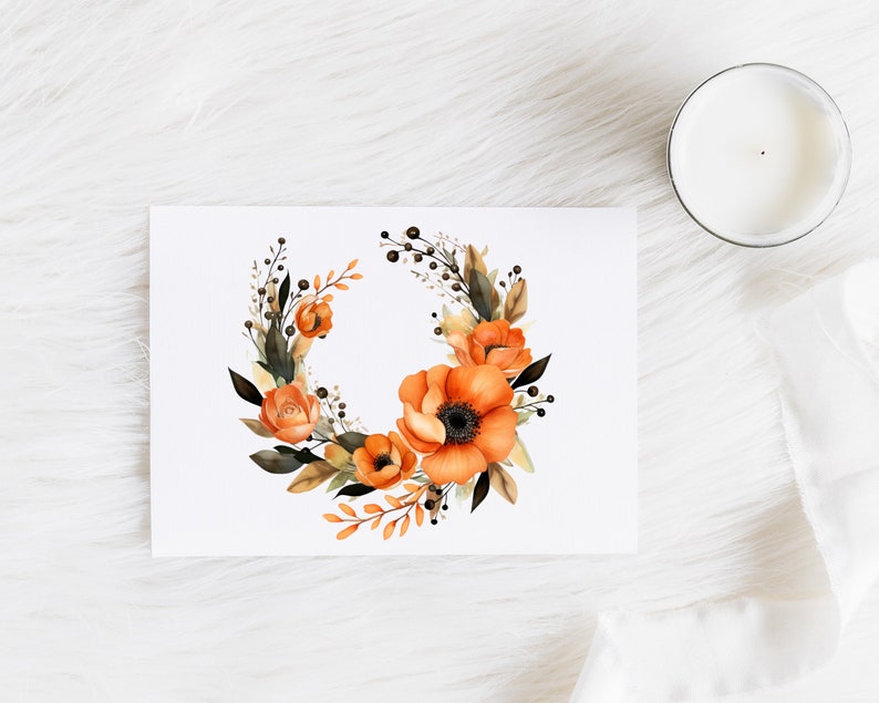 May include: A watercolor illustration of an orange and brown floral wreath. The wreath is made up of flowers, leaves, and berries. The flowers are a mix of orange and yellow, and the leaves are a mix of brown and green. The berries are black.