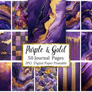 May include: A collection of 50 digital journal pages featuring purple and gold abstract patterns, marble textures, and geometric designs. The central text reads Purple & Gold 50 Journal Pages JPG Digital Paper Printable in a white rectangular frame.