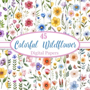 Colorful Wildflower Digital Paper, Flower Background Bundle, Scrapbook Paper, Spring, Digital Download