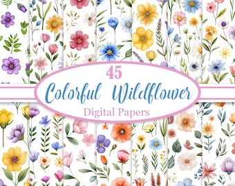 Kleurrijk digitaal papier wilde bloemen, bundel bloemenachtergrond, plakboekpapier, lente, digitale download