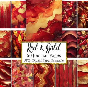 May include: A collection of 50 digital journal pages featuring red and gold patterns including marble, cracked textures, flowing waves, faceted gems, and wood grain. The central text reads Red & Gold 50 Journal Pages JPG Digital Paper Printable.