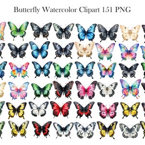 May include: A collection of 50 watercolor butterfly illustrations in various colors and patterns. The butterflies are arranged in rows and columns, with each butterfly facing forward. The butterflies are all different sizes and shapes, but they all have the same basic butterfly shape. The butterflies are all painted in a realistic style, with detailed wings and antennae.
