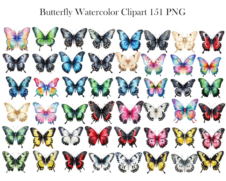 May include: A collection of 50 watercolor butterfly illustrations in various colors and patterns. The butterflies are arranged in rows and columns, with each butterfly facing forward. The butterflies are all different sizes and shapes, but they all have the same basic butterfly shape. The butterflies are all painted in a realistic style, with detailed wings and antennae.