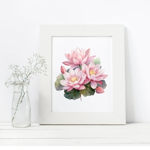 May include: A white frame with a watercolor painting of pink lotus flowers on a white background.