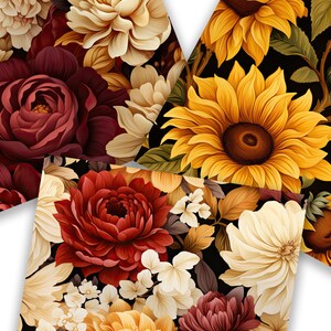 May include: A seamless pattern featuring a variety of flowers in shades of red, yellow, and white. The flowers are arranged in a repeating pattern on a black background.