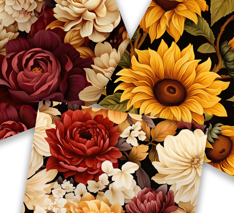 May include: A seamless pattern featuring a variety of flowers in shades of red, yellow, and white. The flowers are arranged in a repeating pattern on a black background.