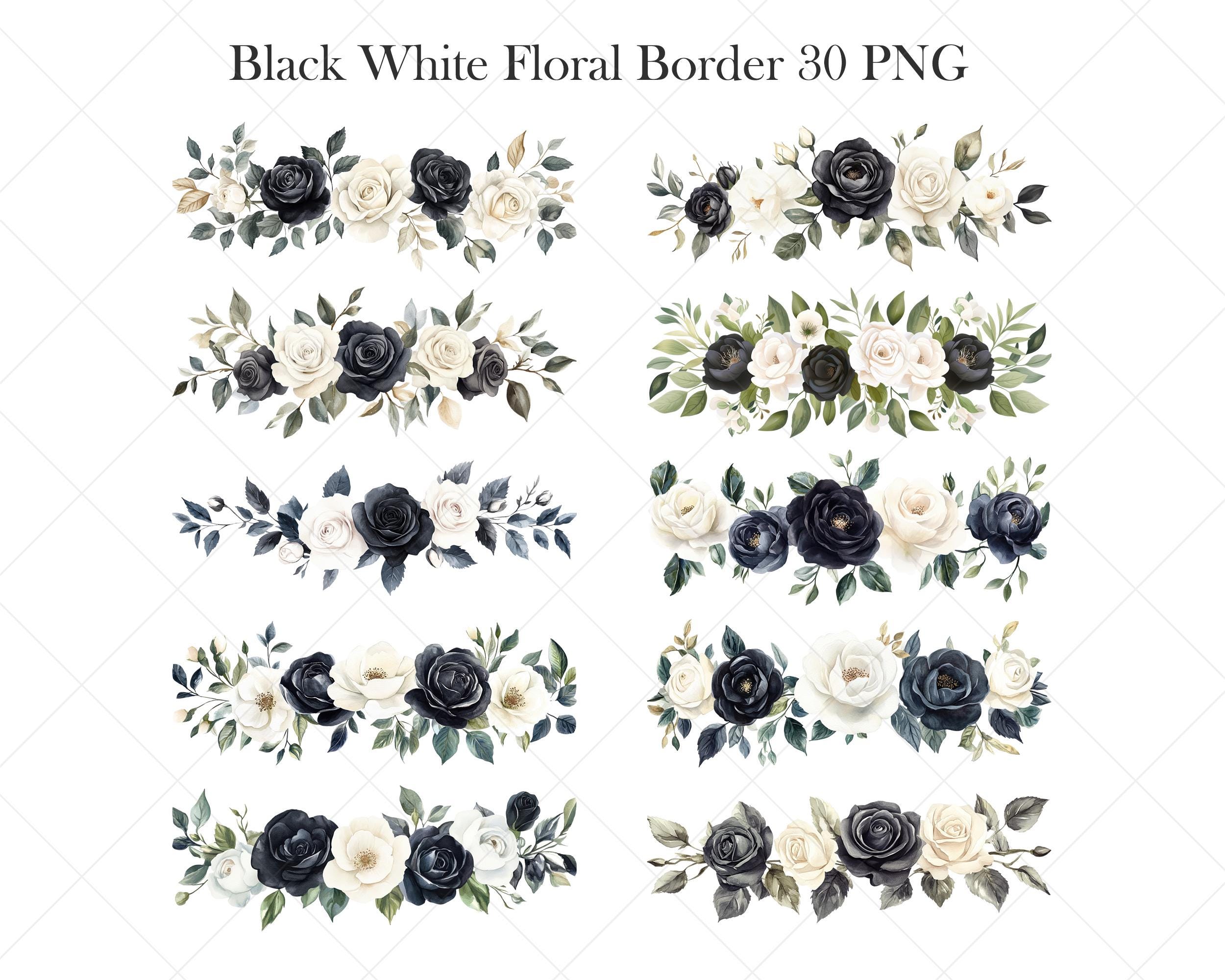 Black White Flower Border PNG, Watercolor Floral Clipart, Digital ...