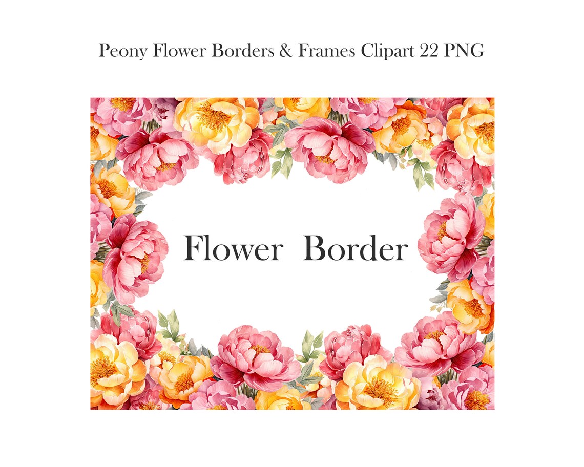 Peony Border Clipart, Watercolor Peony Flower Frame PNG, Spring Floral ...