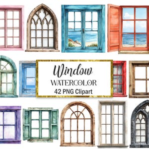 May include: A collection of watercolour window designs in various colours and styles. The image includes windows with arched, rectangular, and gothic shapes. The text "Window WATERCOLOR 42 PNG Clipart" is displayed on a gold-framed sign.