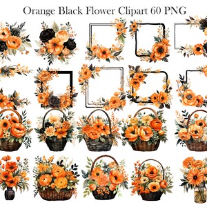 May include: Set of 60 orange and black flower clipart images in PNG format. The images feature various floral arrangements, including bouquets, wreaths, and frames. The flowers are a mix of orange and black, with some featuring a white center.