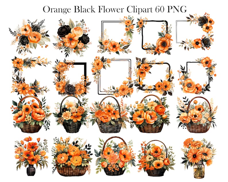 May include: Set of 60 orange and black flower clipart images in PNG format. The images feature various floral arrangements, including bouquets, wreaths, and frames. The flowers are a mix of orange and black, with some featuring a white center.