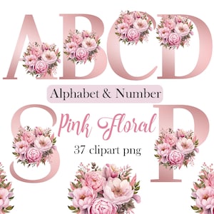 Pink Flower Alphabet PNG, Floral Alphabet Clipart, Letters, Number, Sublimation, Digital Download