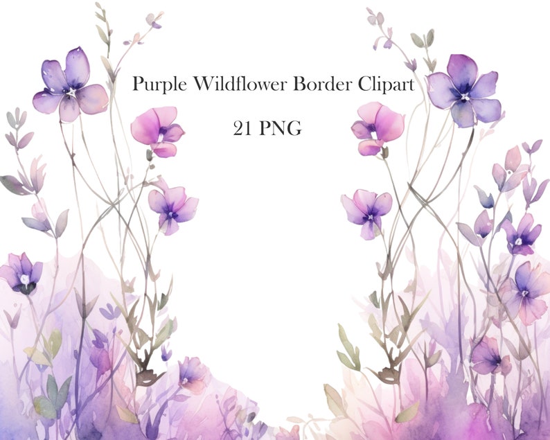 May include: Watercolour illustration of a purple wildflower border with 21 PNG files. The flowers are painted in shades of purple and pink, with delicate stems and leaves.