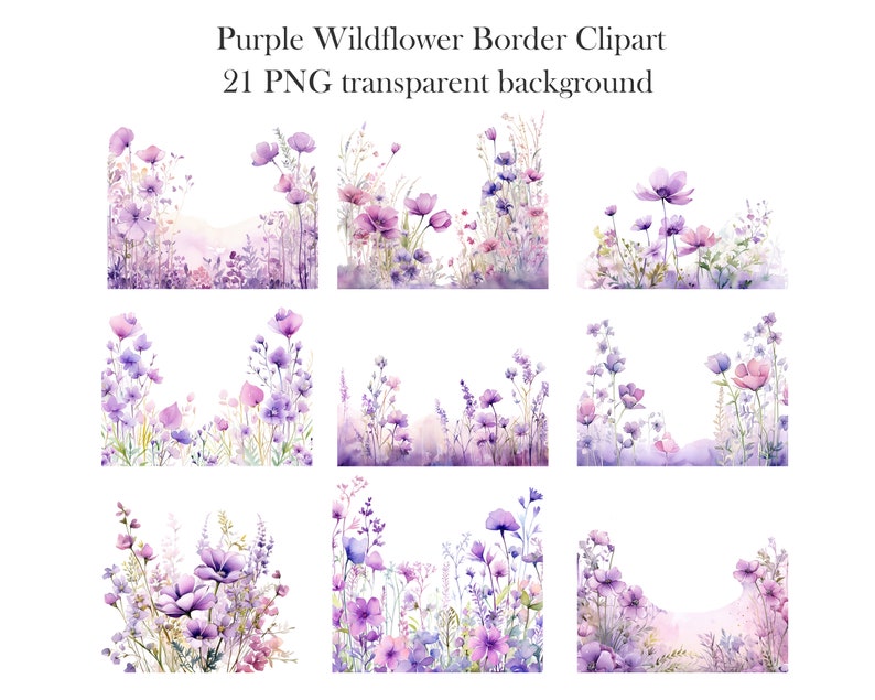 May include: A set of 21 digital clipart images featuring purple wildflowers in a border design. The images have a transparent background and are ideal for adding a touch of nature to your digital projects.