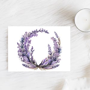 May include: A watercolor illustration of a lavender wreath with purple flowers and green leaves. The wreath is circular and has a white background.