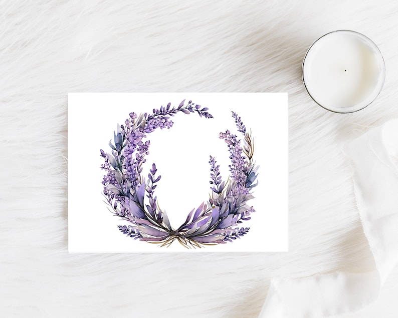 May include: A watercolor illustration of a lavender wreath with purple flowers and green leaves. The wreath is circular and has a white background.